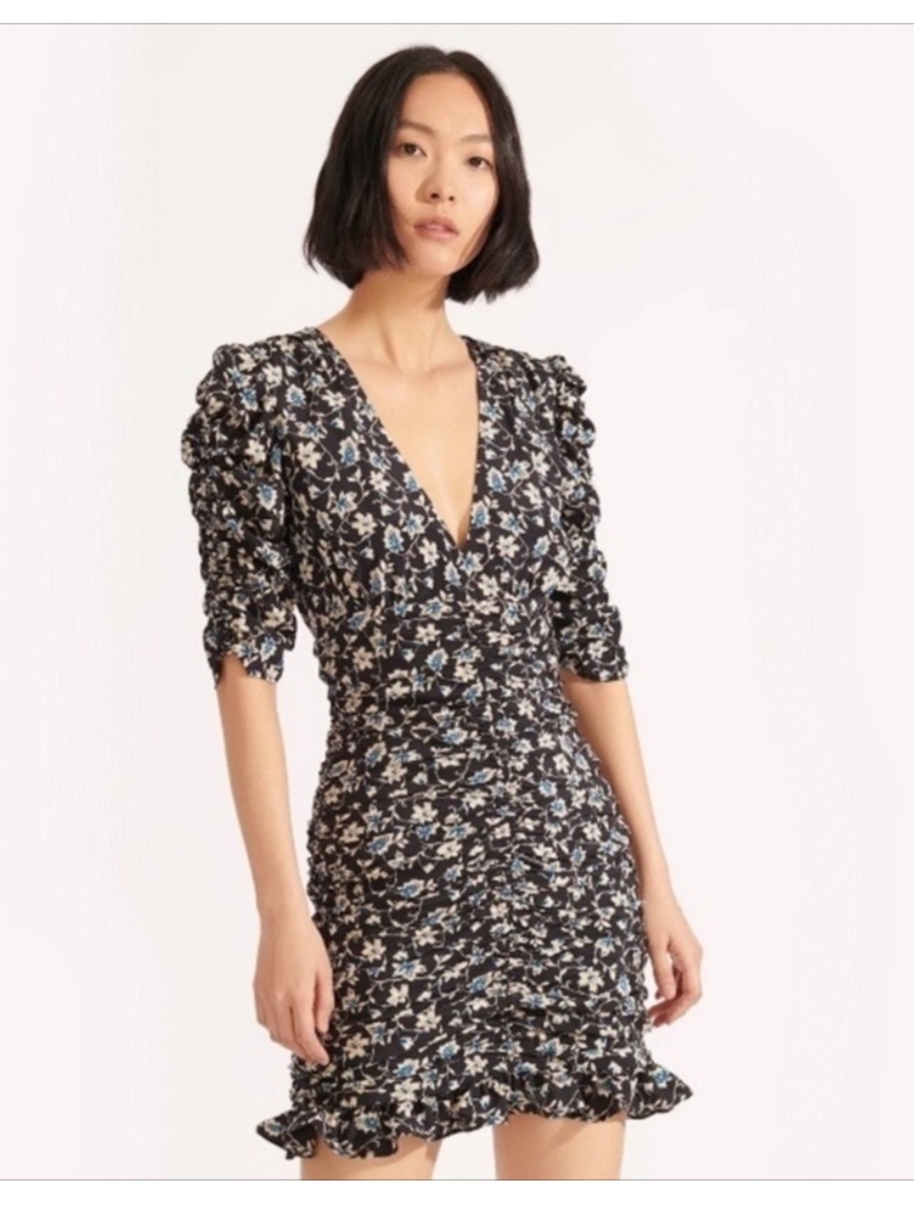 Veronica Beard Black silk Dress with Blue & White Floral